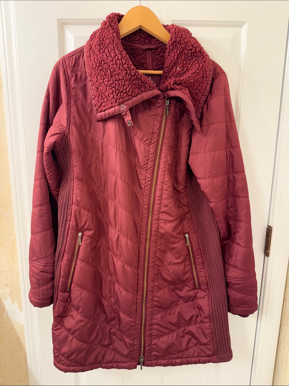 PrAna Quilted Long Puffer Coat with Sherpa Collar - Maroon